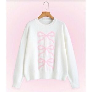 SHEIN White and Pink Bow Sweater